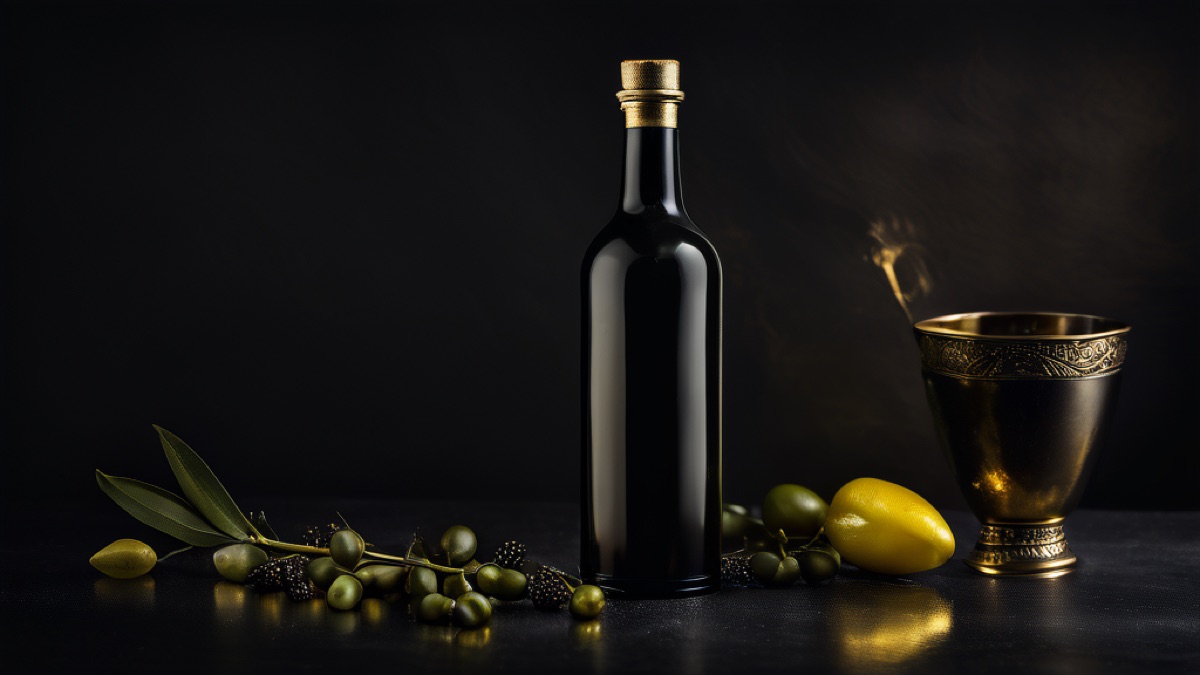 Koyu cam şişede ekstra virgin naturel sızma zeytinyağı ve tadım kabı