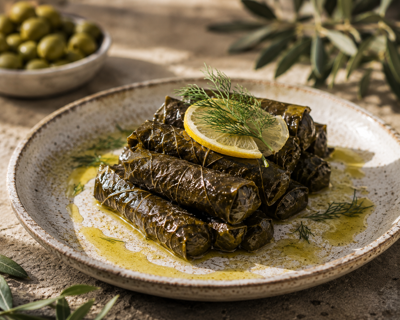 Tabakta dizili zeytinyağlı biber dolması, üzerinde limon dilimi ve taze dereotu
