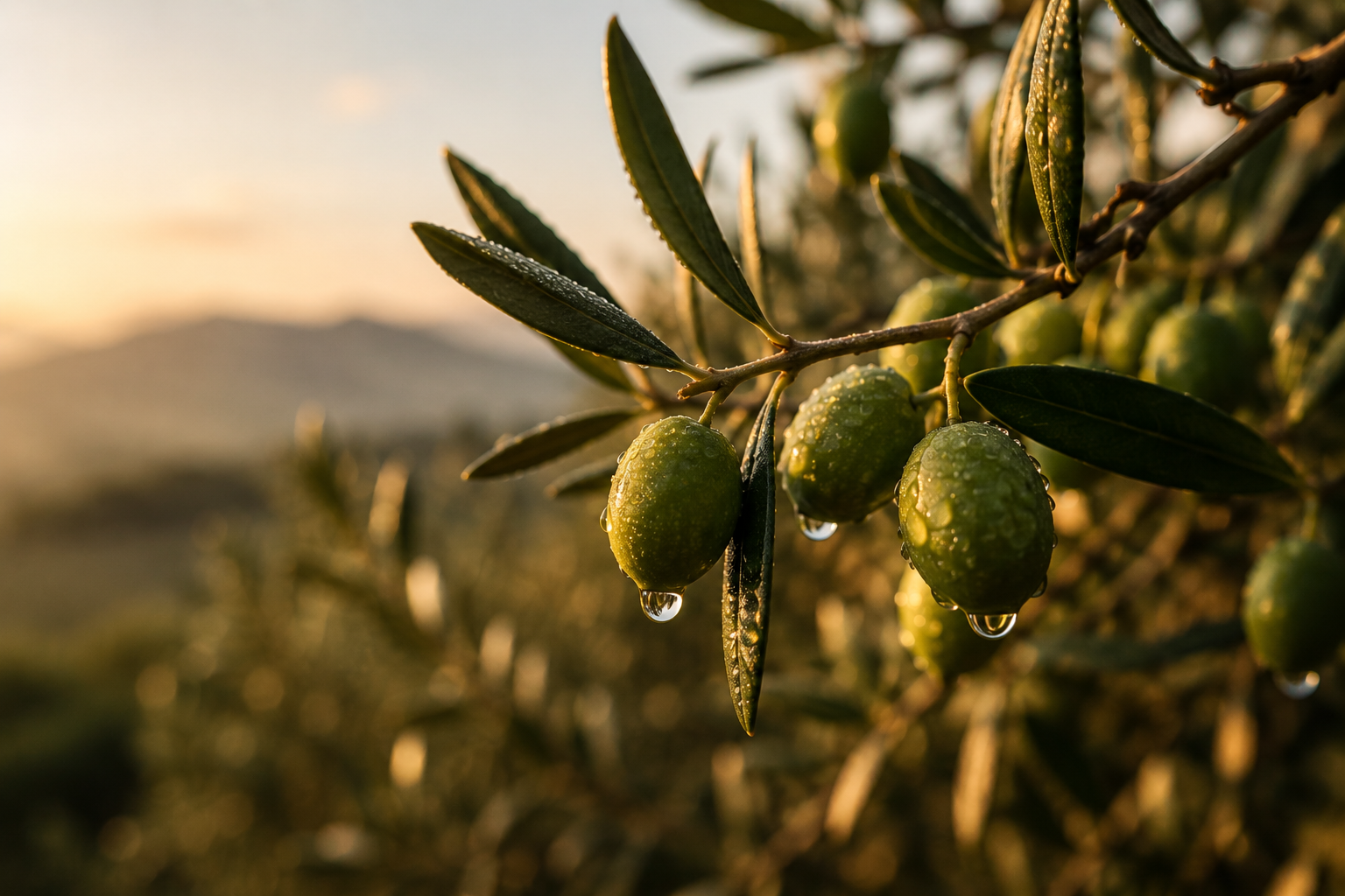 Zeytin dalında olgunlaşmamış yeşil zeytinler, erken hasat dönemi Kuzey Ege