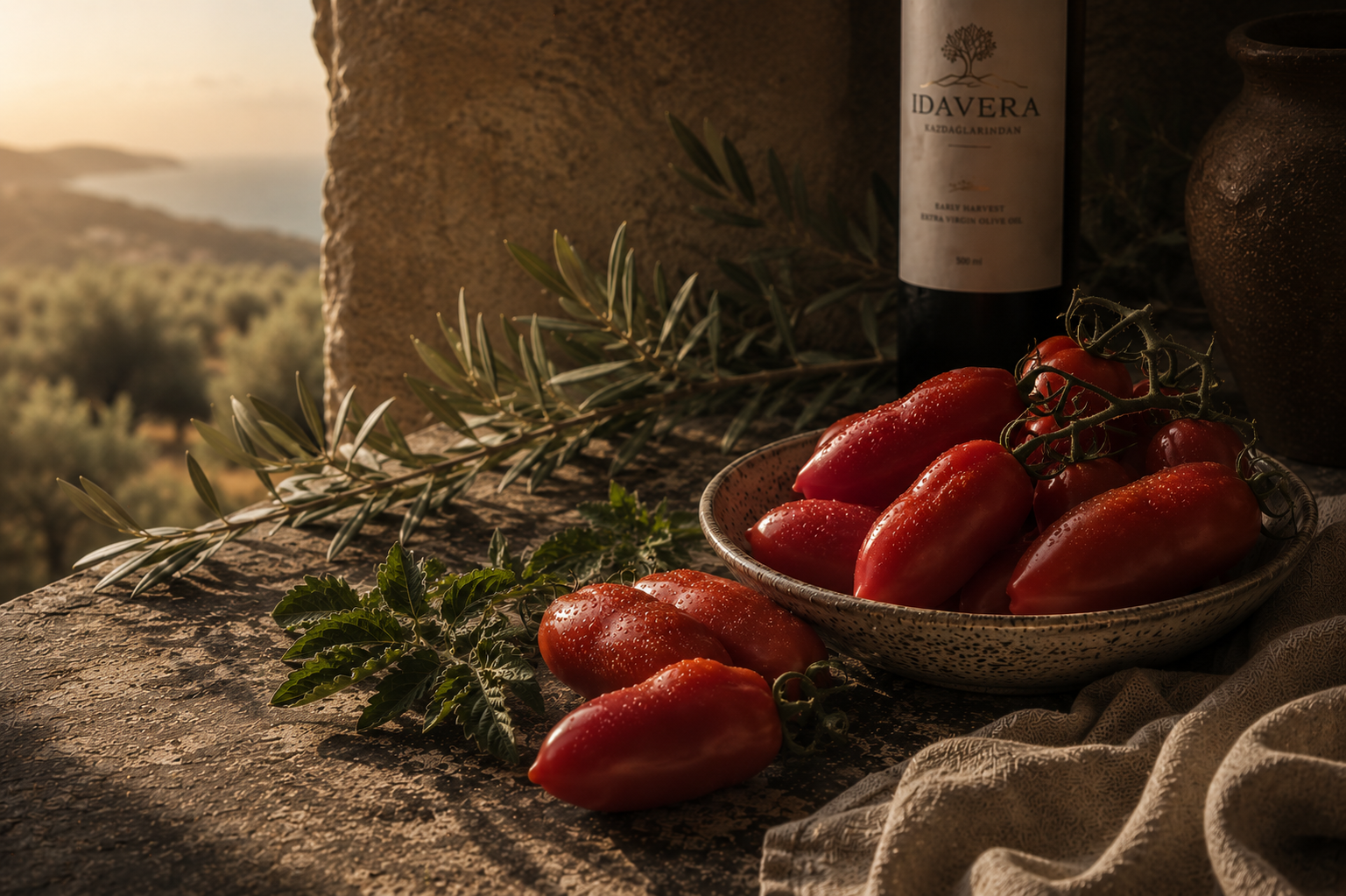 San Marzano domates, İdavera zeytinyağı şişesi ve zeytin dalı